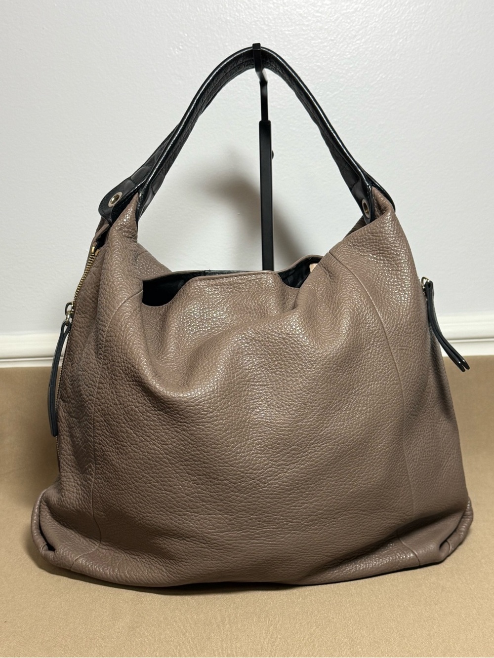 Furla Taupe Grey Pebbled Leather Hobo Shoulder Bag | Side Zip Expansion Panels - Picture 2 of 14